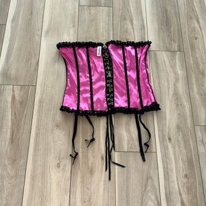 New Women’s Size XL Shiny Hot Pink with Black Lace & Garders Corset Lingerie